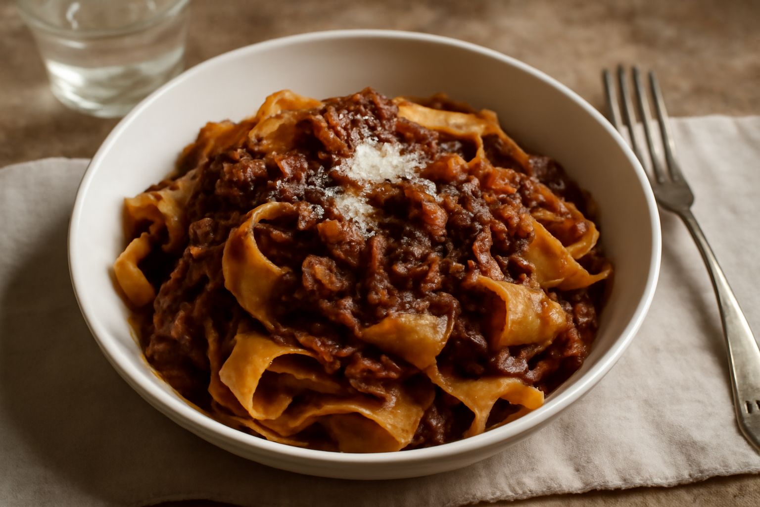 Pappardelle larghe e ondulate coperte di ragù marrone scuro, con pezzetti di carne visibili, sparse di parmigiano grattugiato bianco, servite in piatto bianco fondo
