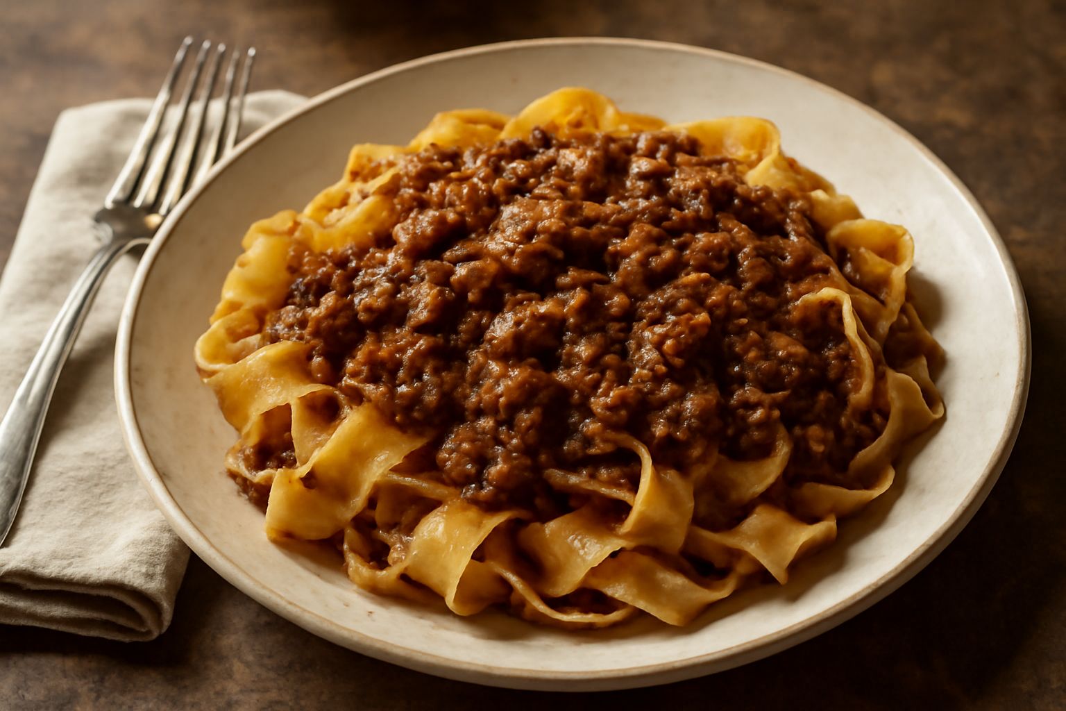 Pappardelle larghe color ambra ricoperte di ragù marrone scuro con pezzi di carne visibili, cosparso di parmigiano bianco, impiattato su fondo bianco con leggera spolverata di pepe nero