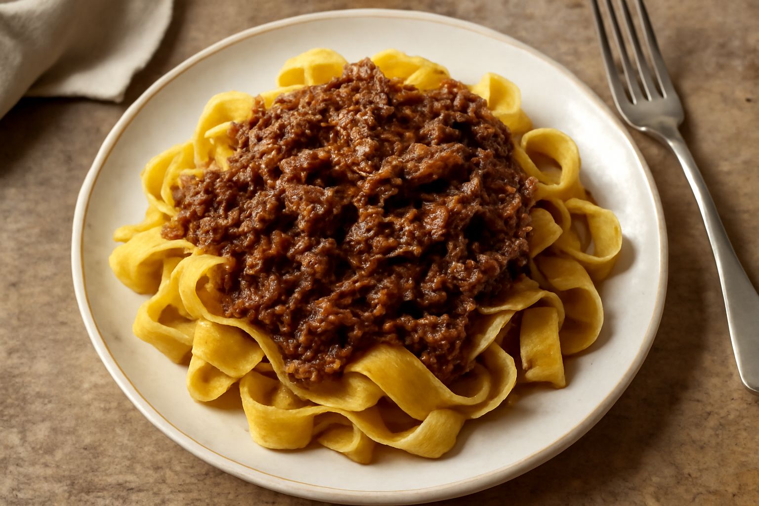 Piatto di pappardelle con ragù di caccia: pasta all'uovo larga e ondulata, ricoperta di ragù scuro marrone, carne visibile nel sugo denso, grattugiata di parmigiano grattugiato sopra, servito in piatt