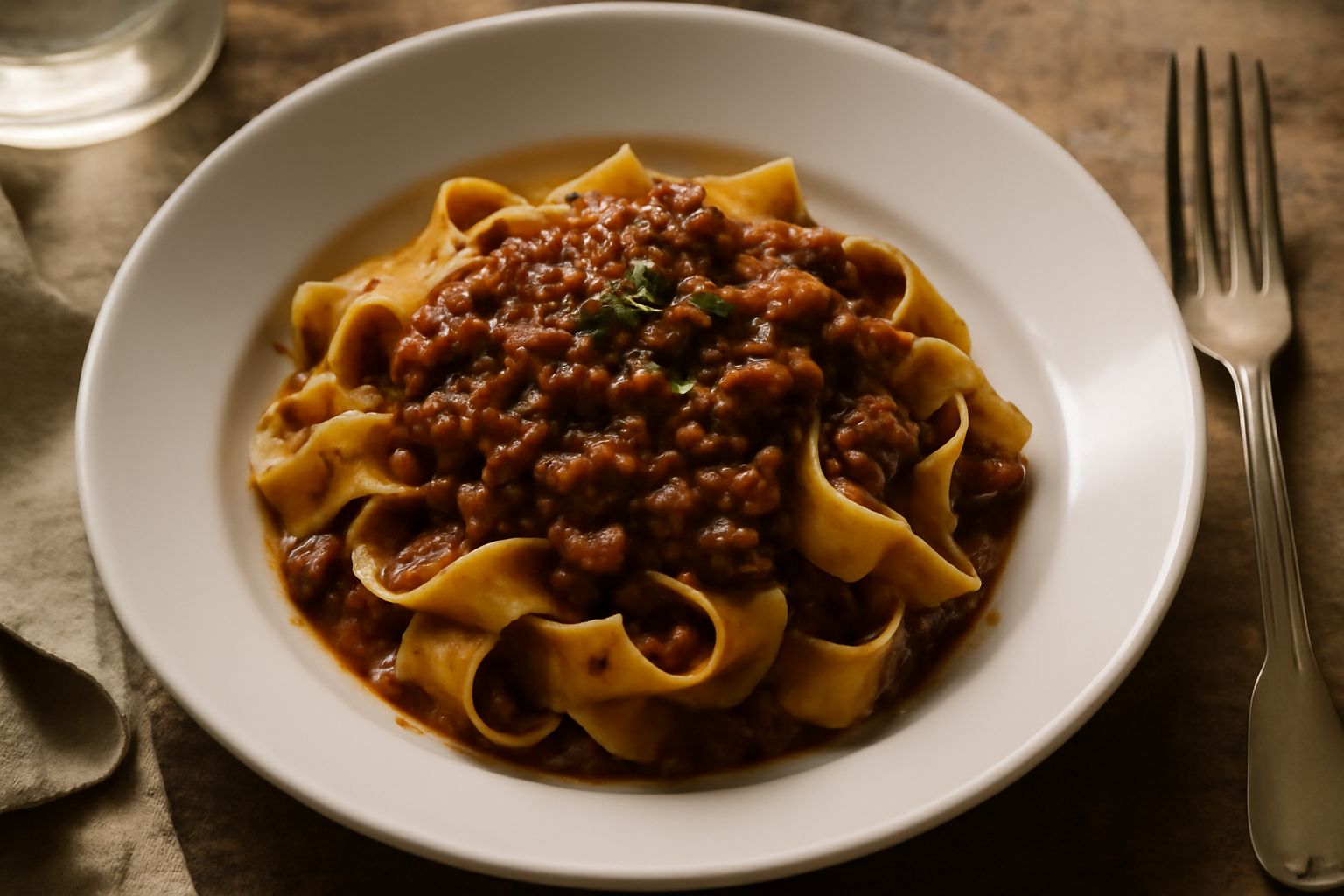 Pappardelle larghe al ragù di cacciagione nel piatto bianco: pasta fresca ondulata rivestita di salsa marrone scuro, guarnita con parmigiano grattugiato e prezzemolo fresco, servita su sfondo di legno
