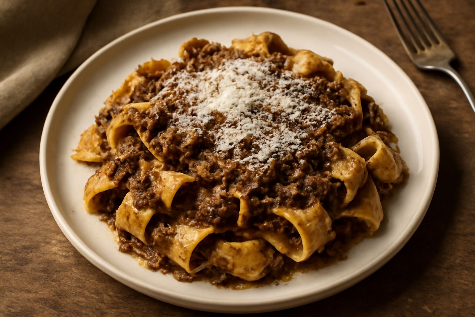 Piatto di pappardelle larghe ricoperte di ragù scuro e denso con pezzetti di carne, grana grattugiato sulla superficie, forchettatonda di legno, tavolo in legno naturale.