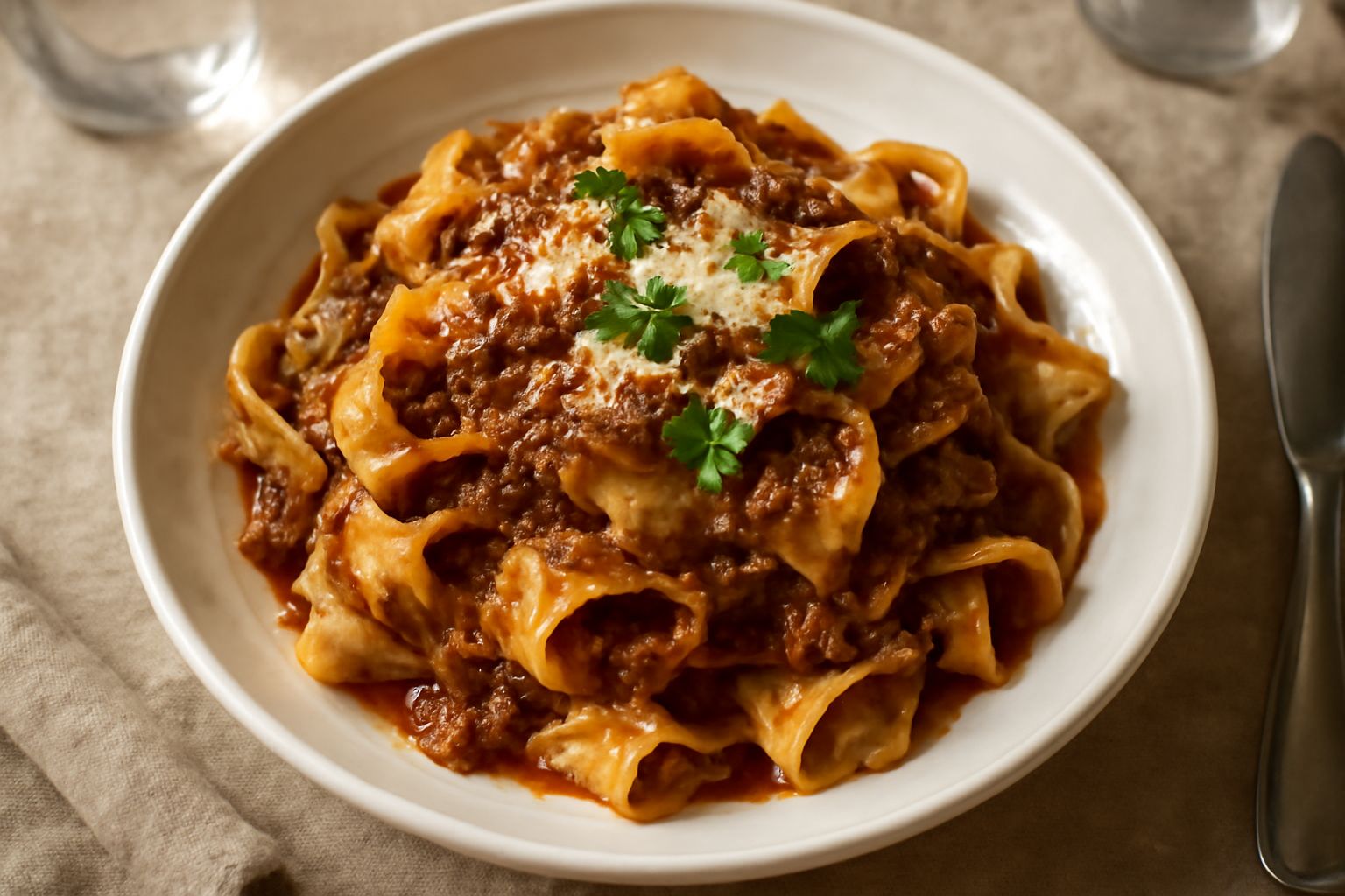 Pappardelle larghe gialle distese su piatto bianco coperte di ragù di lepre marrone scuro e denso, completate da grana padano grattugiato e prezzemolo verde spezzettato, impiattamento rustico