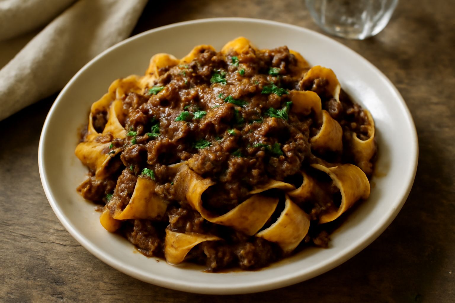 Pappardelle larghe color oro-ambra condite con ragù scuro e denso di rigaglie, foglie di prezzemolo fresco, grattugia di parmigiano grattugiato sul piatto bianco