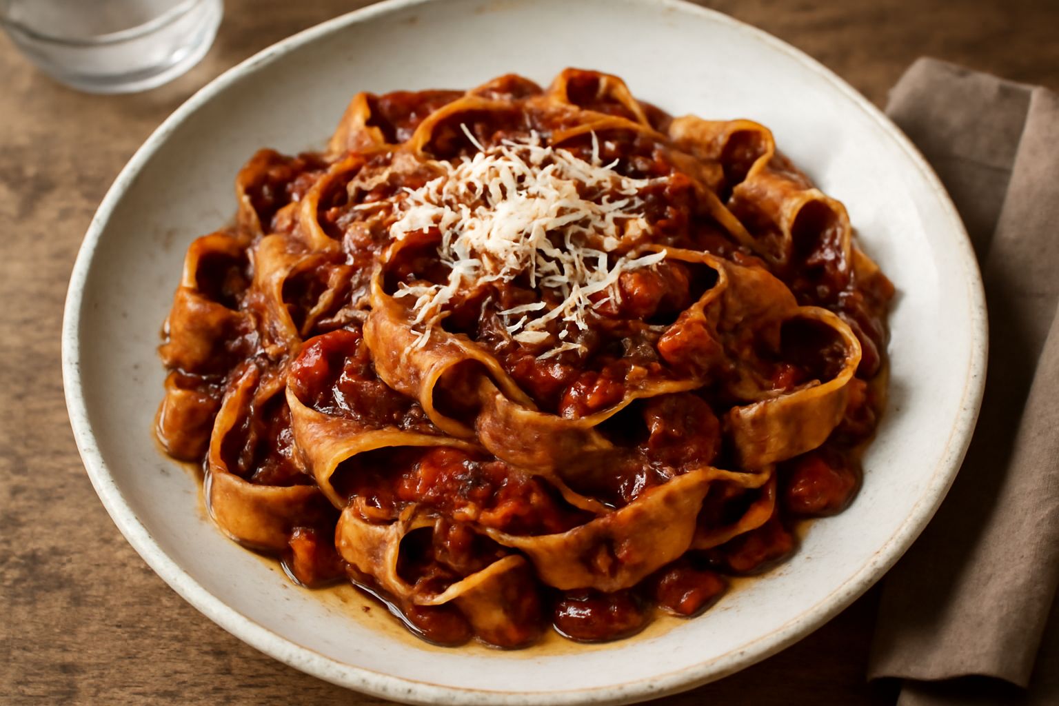 Pappardelle larghe condite con salsa rosso-marrone, verdure tagliate finemente visibili nel condimento, piatto bianco, grana grattugiata gialla in cima, forma ondulata della pasta evidente