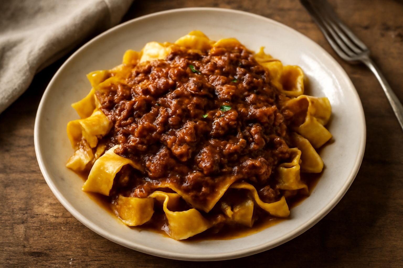 Piatto di pappardelle larghe e ondulate coperte di sugo marrone scuro con pezzetti di coniglio, polverizzate di formaggio Parmigiano grattugiato, guarnite con prezzemolo fresco su fondo bianco