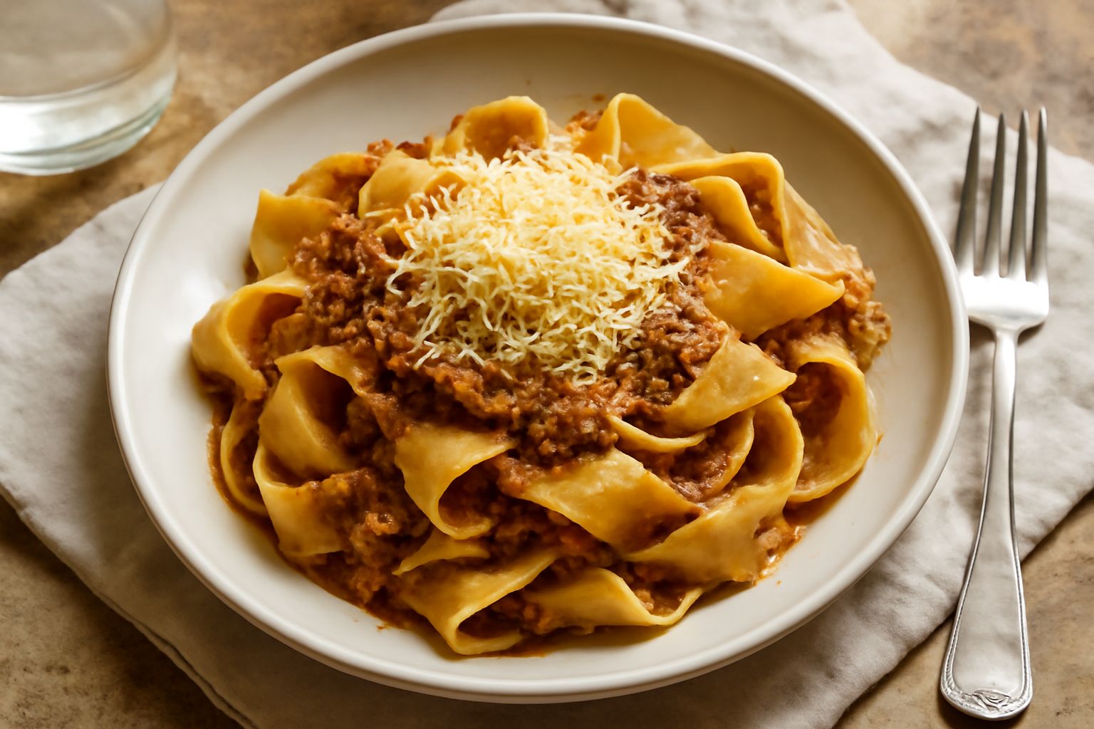 Pappardelle larghe e ondulate di pasta fresca condite con un ragù marrone di avanzi, guarnite con parmigiano grattugiato e prezzemolo fresco, in un piatto bianco con bordo turchese