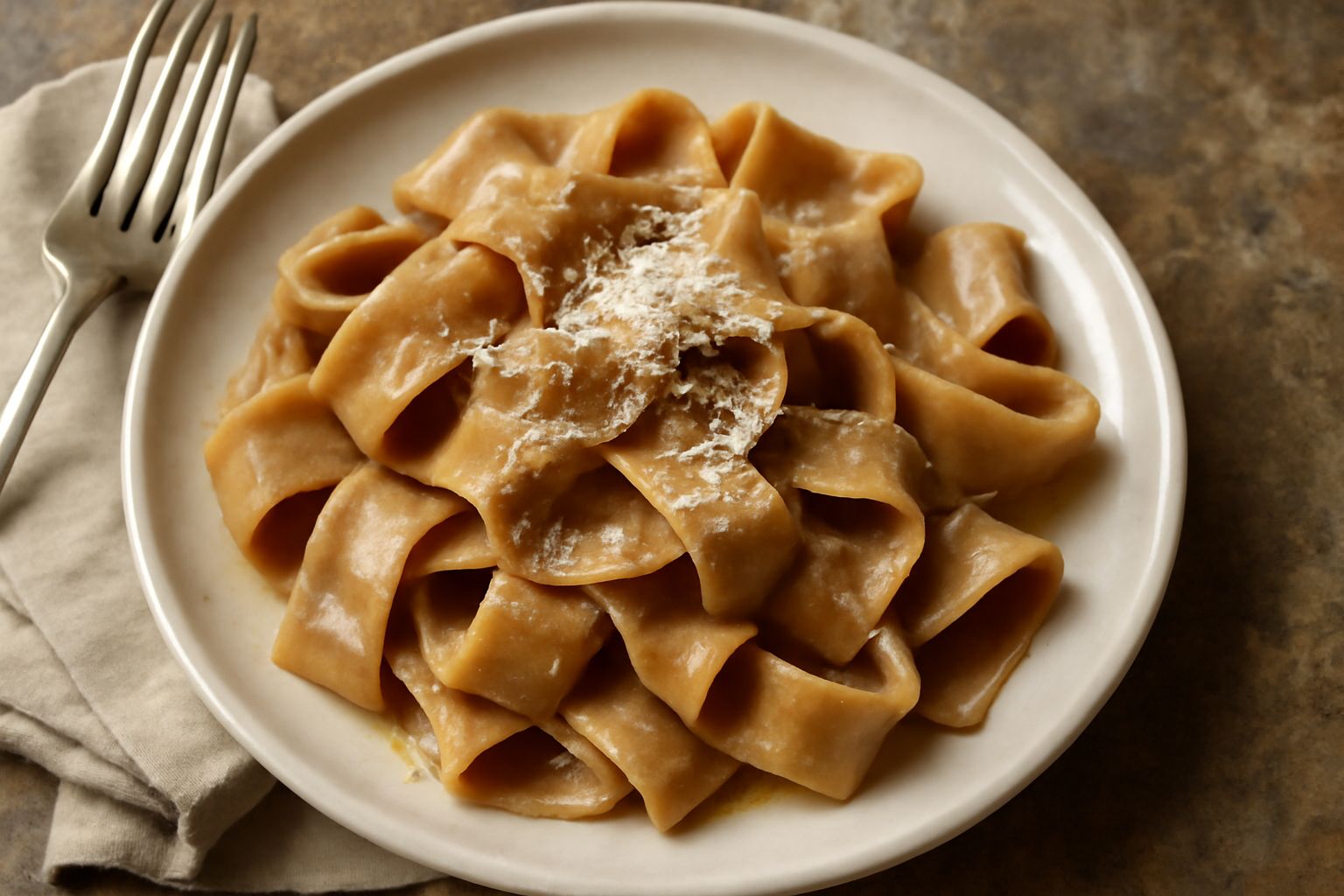 Piatto bianco con pappardelle larghe color beige dorato, cosparse di parmigiano grattugiato e rosmarino fresco, con un filo di olio extravergine, su sfondo di legno rustico