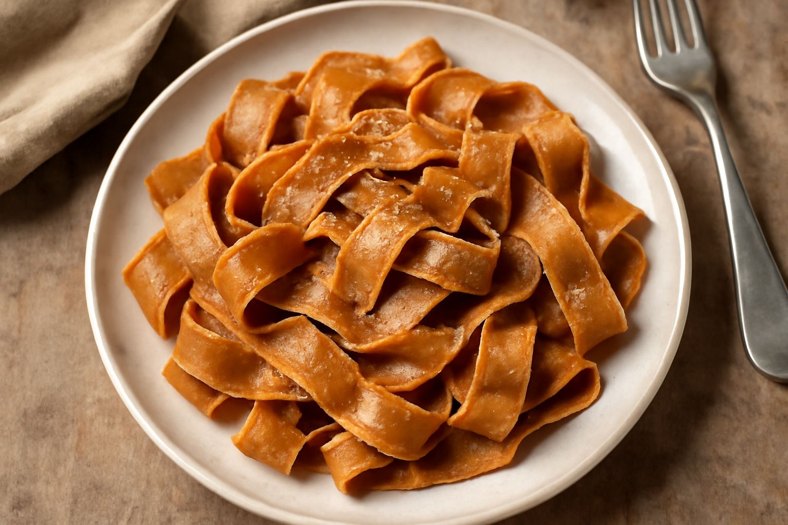 Pappardelle larghe di colore marrone dorato con profumo di nocciola, servite in un piatto bianco con ragù di funghi e salvia fresca, spruzzate di parmigiano grattugiato.