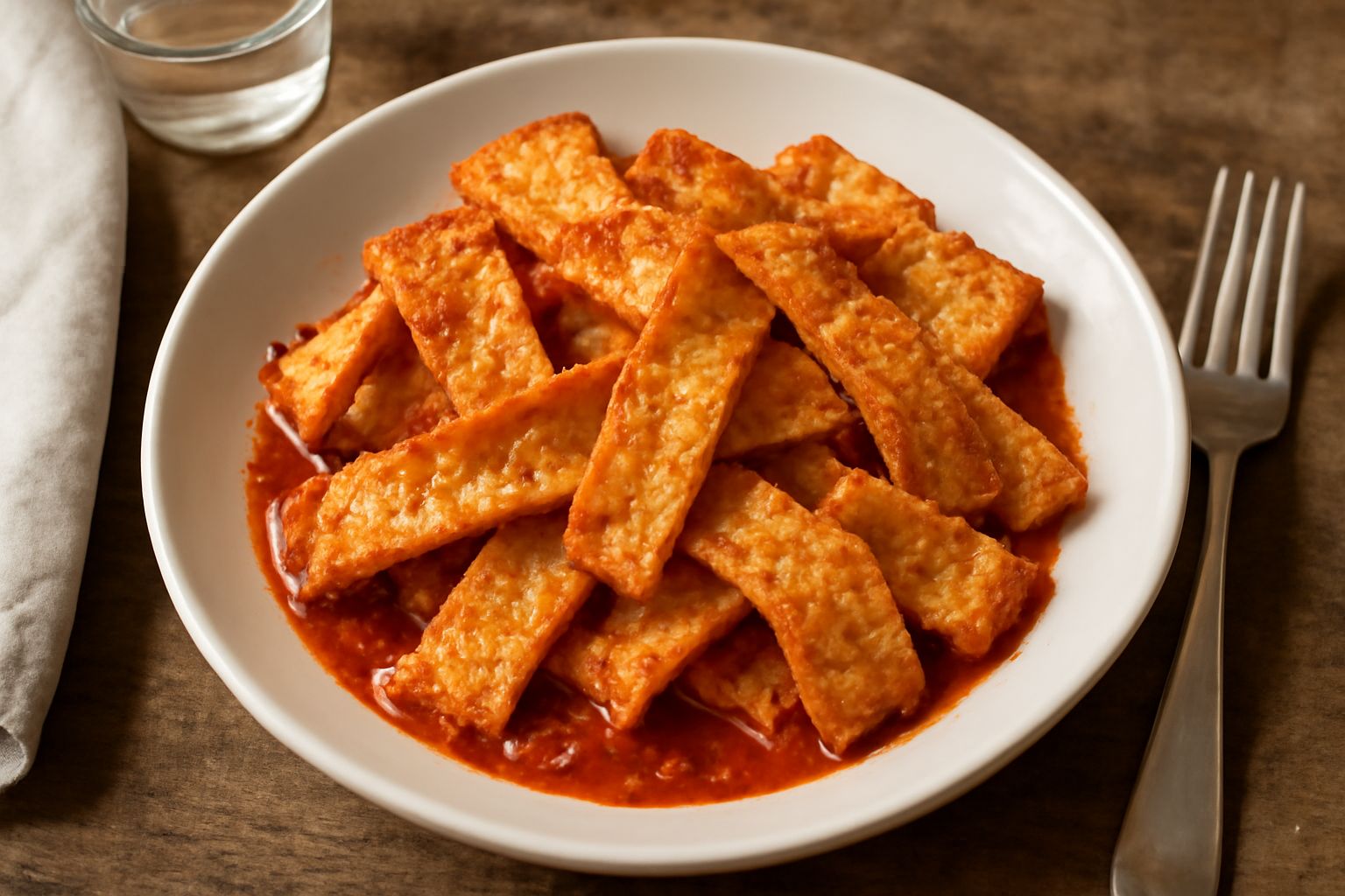 Pappardelle di pane dorate e croccanti servite in un piatto bianco, cosparse di parmigiano grattugiato e prezzemolo fresco, accanto a una ciotola di sugo di pomodoro
