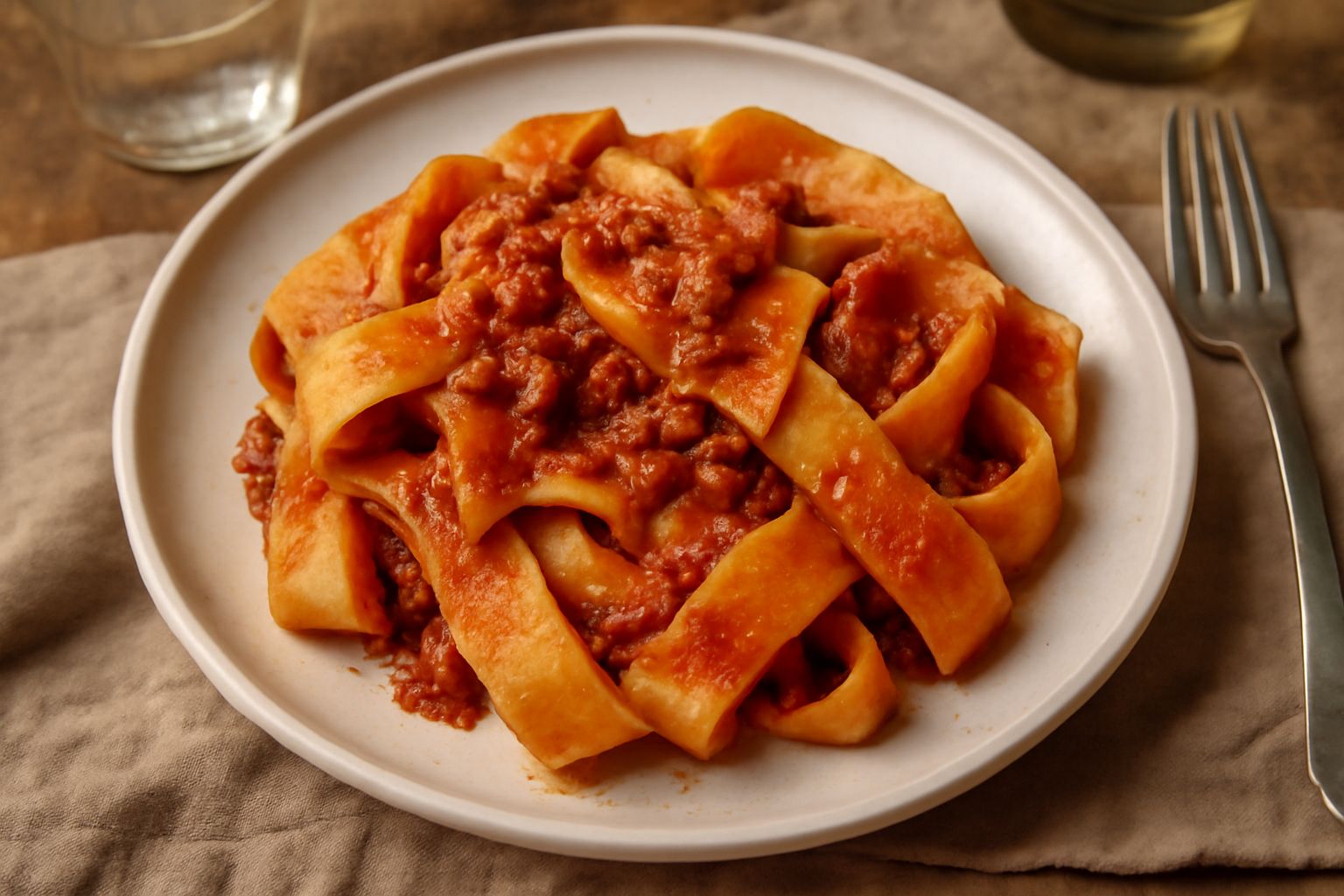 Pappardelle di pane duro servite in piatto bianco con ragù marrone scuro e grattugia di parmigiano sopra, vapore ancora visibile sulla pasta, contorno di prezzemolo fresco