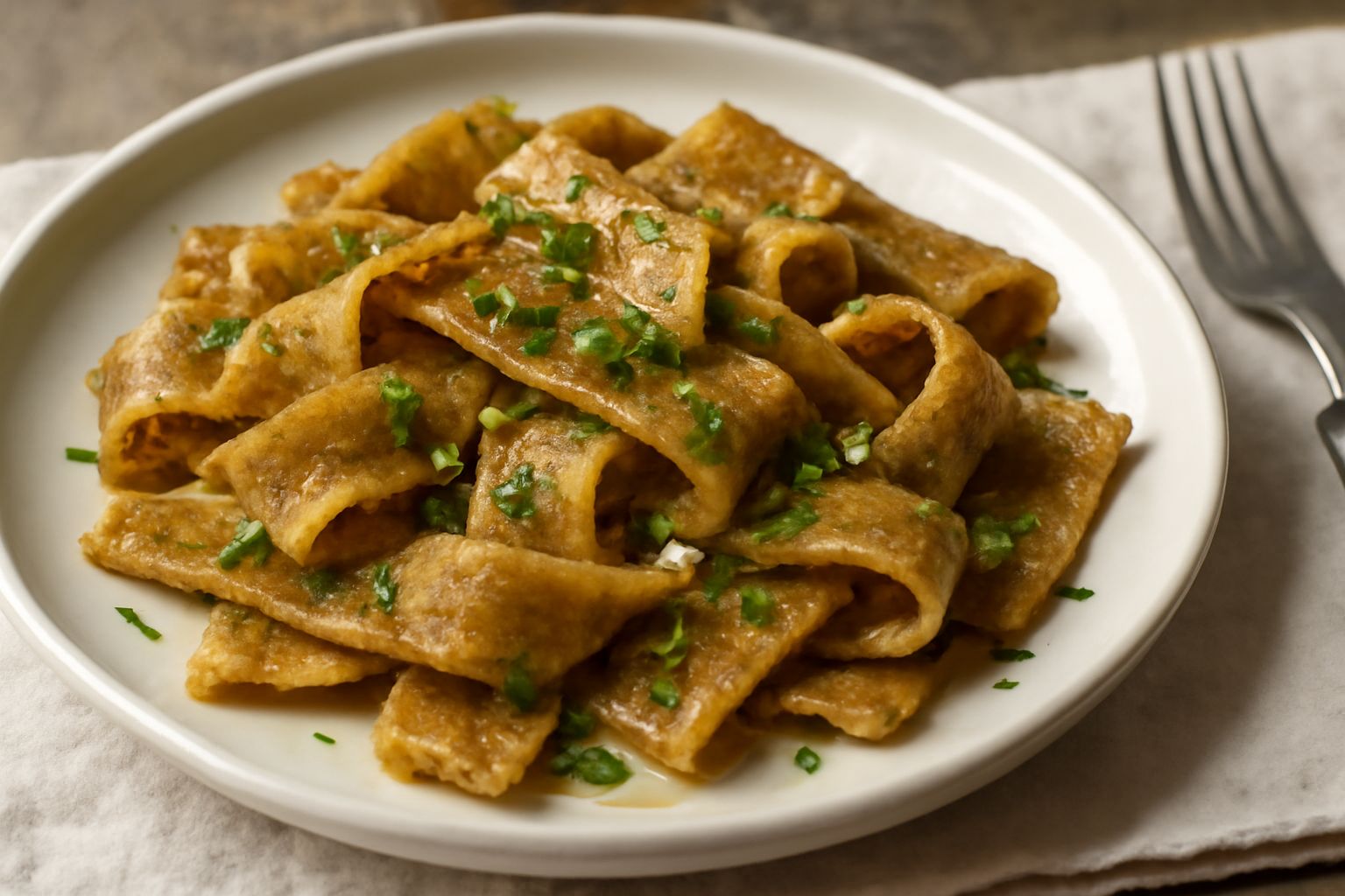 Pappardelle di pane raffermo color oro, tagliate a strisce larghe, disposte nel piatto con olio d'oliva, aglio e prezzemolo fresco, leggermente croccanti e fragranti