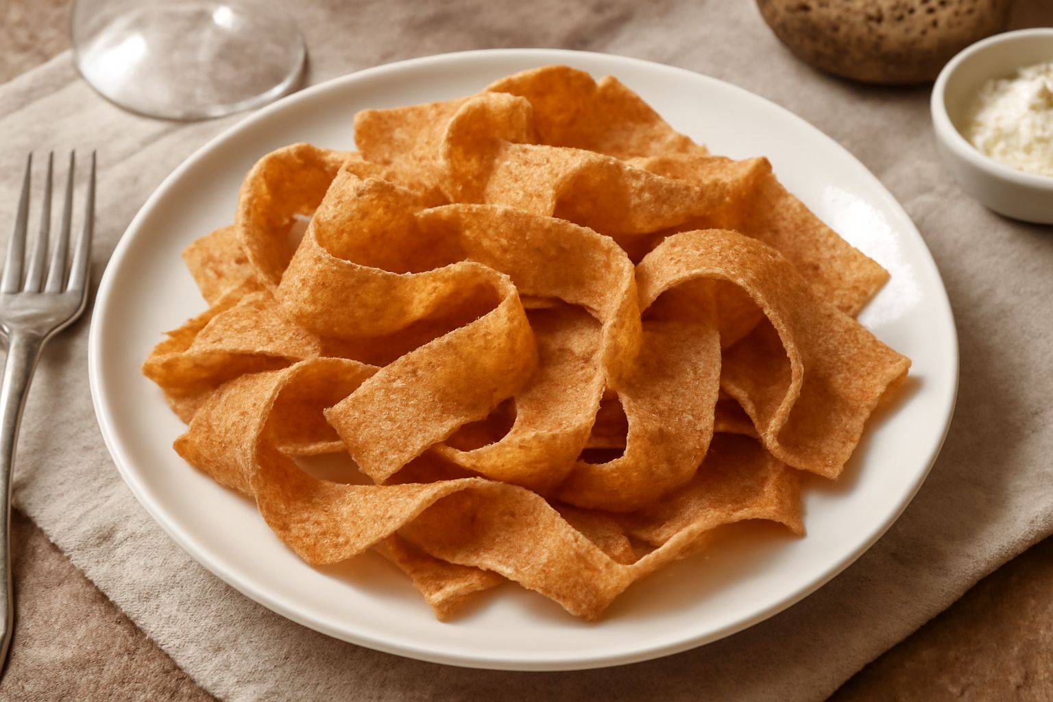 Pappardelle di pane secco dorate e croccanti disposte in un piatto bianco, con uno strato uniforme, accompagnate da un filo d'olio extravergine d'oliva e una manciata di salvia fresca