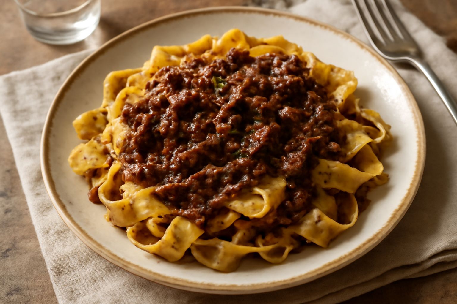 Piatto di pappardelle larghe di pasta fresca color ambra, condite con ragù rosso scuro di selvaggina, grattugia di parmigiano reggiano bianco in superficie, foglia di prezzemolo verde, fondo bianco.