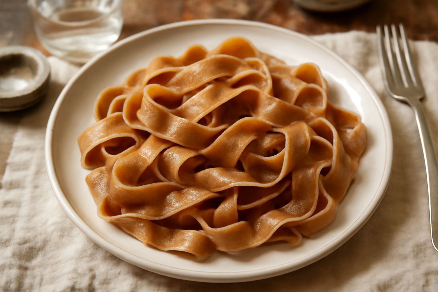 Pappardelle di semola integrale appoggiate su tavolo di legno bianco, larghe e ondulate, di colore marrone dorato, con leggera polveratura di farina integrale, piegate leggermente su se stesse.