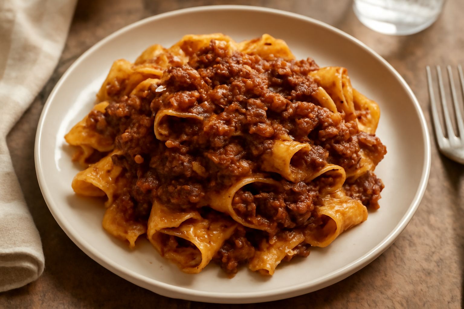 Pappardelle di Viterbo in piatto bianco, pasta larga color oro con ragù di carne scuro, grattugia di parmigiano reggiano, fondo di sugo rosso visibile nel piatto