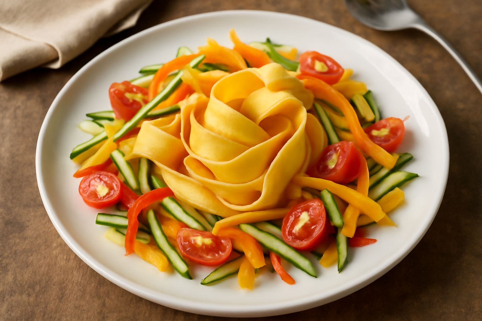 Pappardelle larghe e ondulate color grano disposte in un piatto bianco con verdure estive tagliate a striscia, pomodorini rossi, zucchine grigie, foglie di basilico fresco e un filo d'olio extravergin