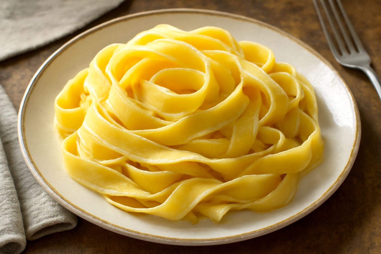 Pappardelle fresche arrotolate leggermente su un vassoio di legno, larghe strisce dorate di pasta all'uovo con sfumature leggere, leggerissima polverata di farina, in controluce che mostra la traspare