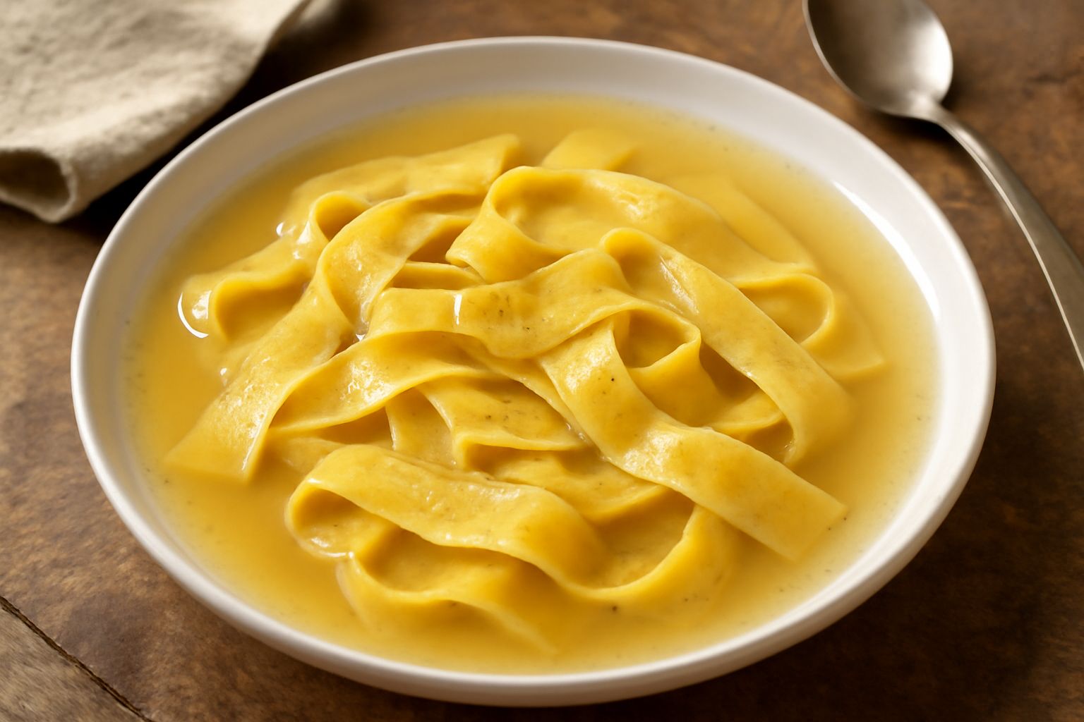 Ciotola bianca di ceramica con pappardelle cotte in brodo trasparente, pasta larga visibile sulla superficie, un filo di olio d'oliva verde, prezzemolo fresco tritato sparse, bordo della ciotola con a