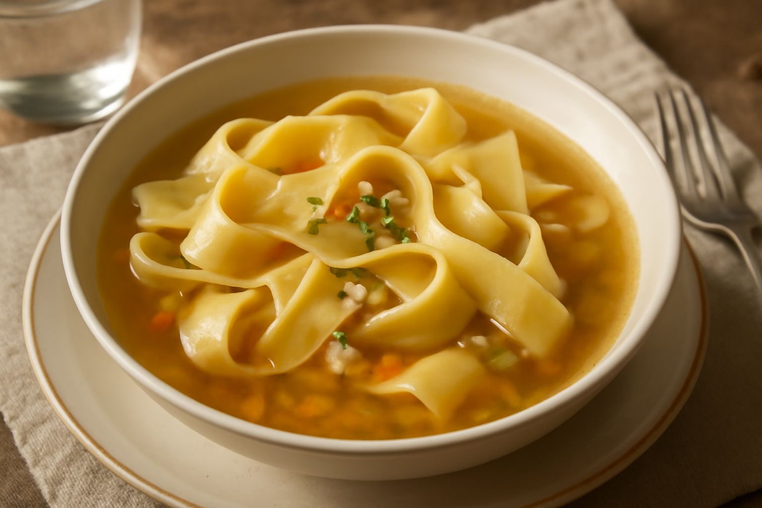 Ciotola di ceramica bianca con pappardelle larghe immerse in brodo ristretto color ambra, guarnite da fette sottili di cappone, grani di pepe nero e una fogliolina di prezzemolo fresco