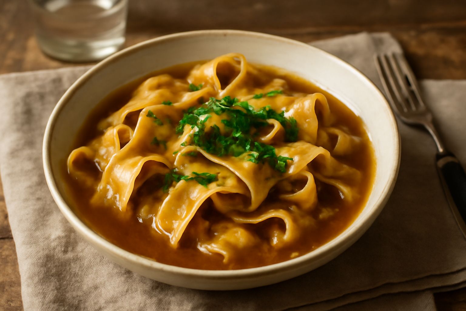 Piatto di pappardelle color ambra in umido di carne, pasta larga leggermente ondulata ricoperta di brodo denso e grasso di manzo dorato, guarnite con prezzemolo fresco verde, servite in una ciotola di