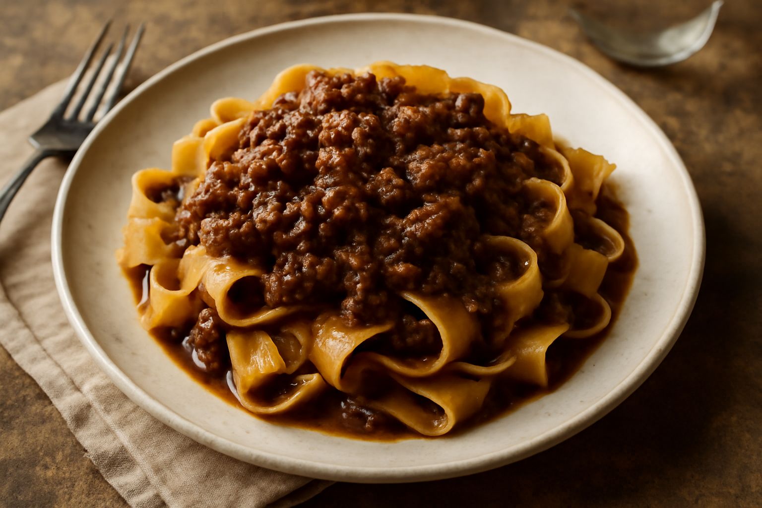 Piatto bianco con pappardelle larghe ricoperte di ragù marrone scuro di cinghiale, guarnite con parmigiano grattugiato bianco e prezzemolo fresco verde, fondo scuro