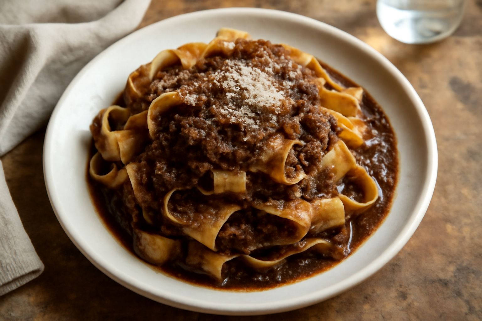Piatto di pappardelle larghe ricoperte di ragù scuro e profumato a base di lepre, guarnite con pepe nero, formaggio grattugiato fine in bianco, ragù che cade dai bordi della pasta, fondo bianco del pi
