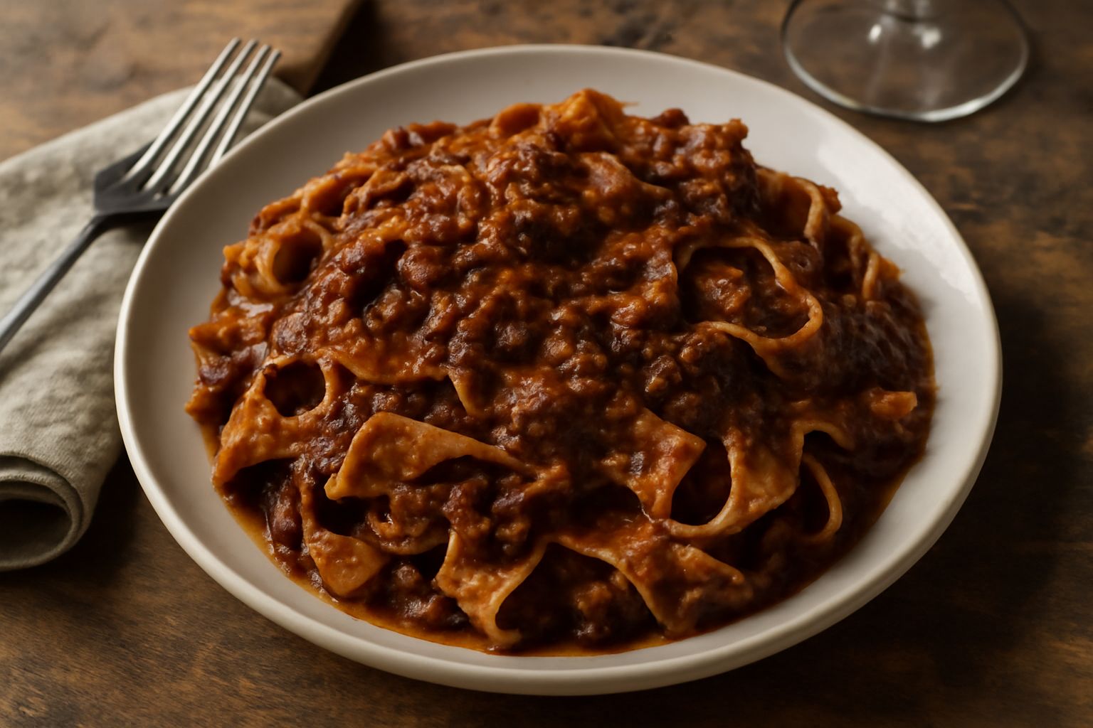 Piatto di pappardelle al ragù con avanzi di carne, colore rosso scuro del sugo, pasta larga e ondulata ricoperta di ragù denso, spolveratura di formaggio grattugiato bianco, piatto bianco con bordo, m