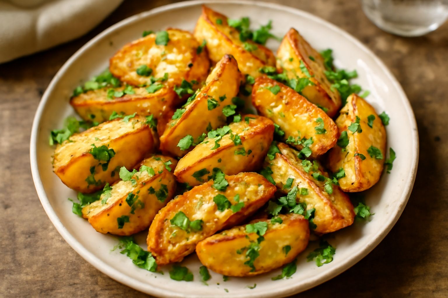 Patate fritte dorate e croccanti in una ciotola bianca, condite con aglio fresco e prezzemolo verde, cosparse di olio d'oliva