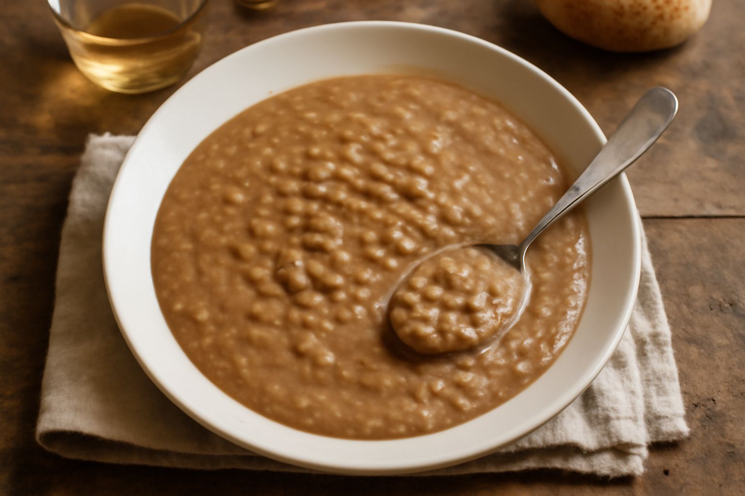 Una ciotola di porcellana bianca con minestra densa color nocciola, farro visibile intero e morbido, riflessi di brodo cremoso, guarnita con due foglie di prezzemolo fresco verde scuro, servita su tav