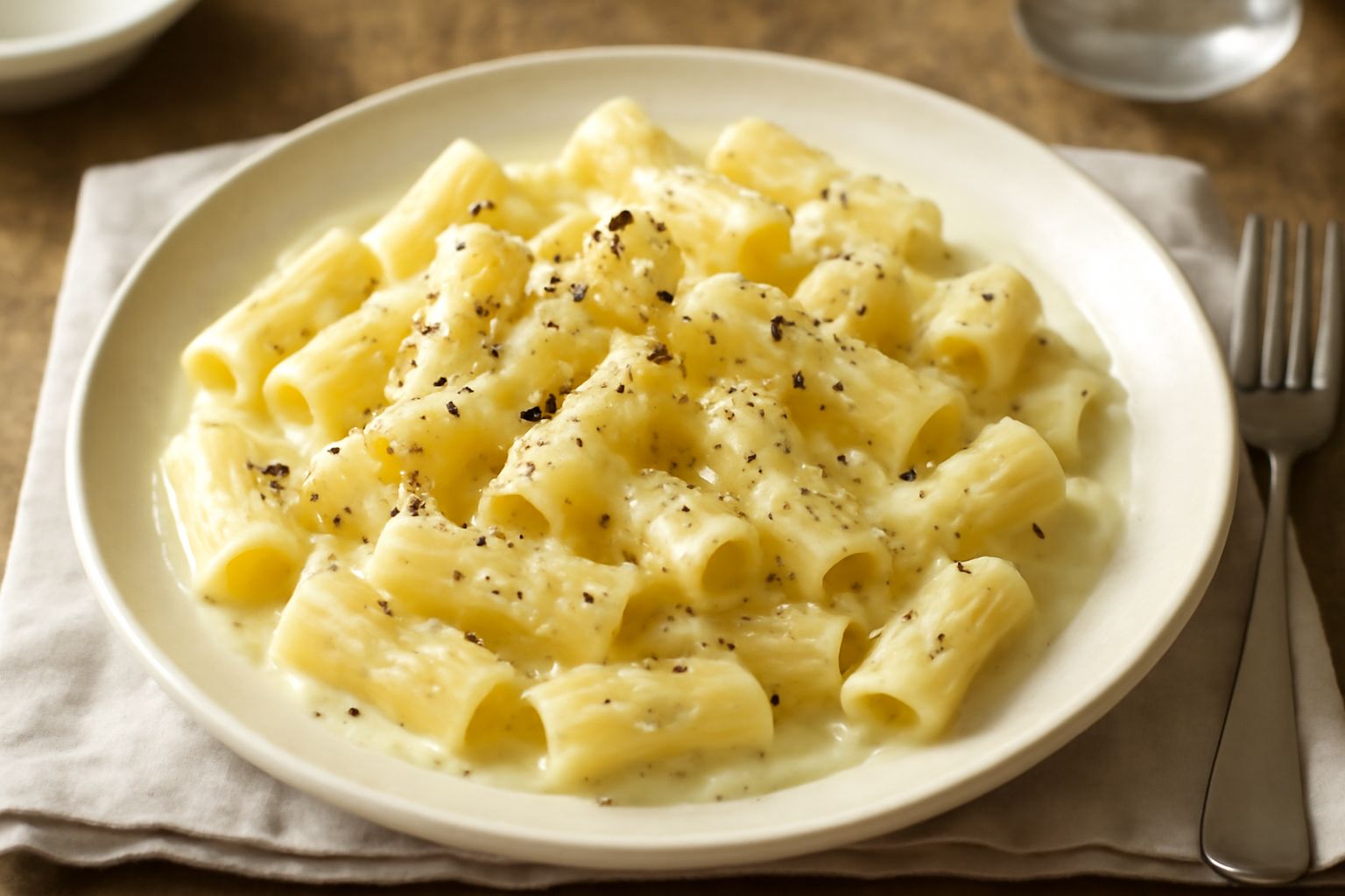 Piatto bianco con pappas cremosa: pasta corta rigatoni ricoperta di salsa di formaggio fusa, mantecata con burro, cosparsa di pepe nero grossolano e parmigiano grattugiato.