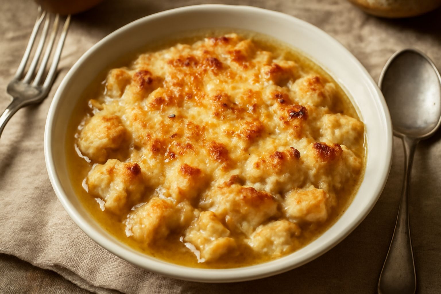 Una ciotola di ceramica grigia con «pappas suada»: minestra giallo-dorata con frammenti di pane ammorbidito, brodo che riluce, gratinatura di formaggio pecorino leggermente dorato sulla superficie, co