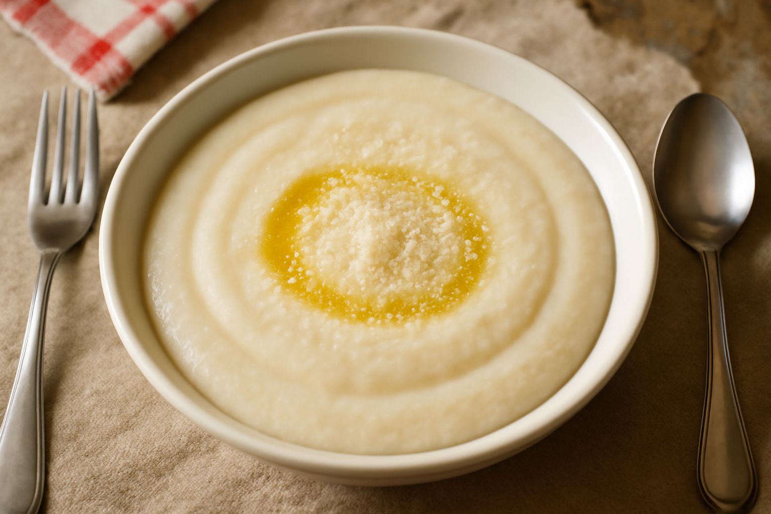 Una ciotola di pappetta di pane color avorio cremosa, con un filo di olio d'oliva e una spolverata di parmigiano grattugiato al centro, su sfondo bianco