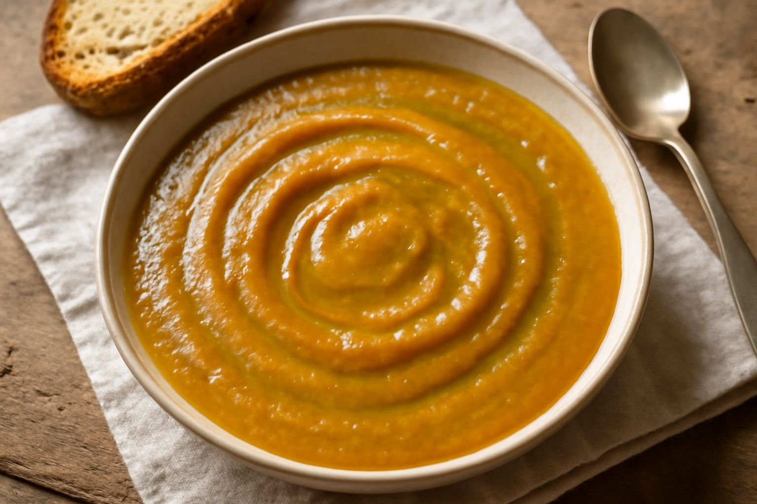 Una ciotola bianca colma di pappone di verdure cremoso, color arancione dorato con sfumature verdi, condito con un filo di olio d'oliva e pepe nero, su fondo di legno chiaro