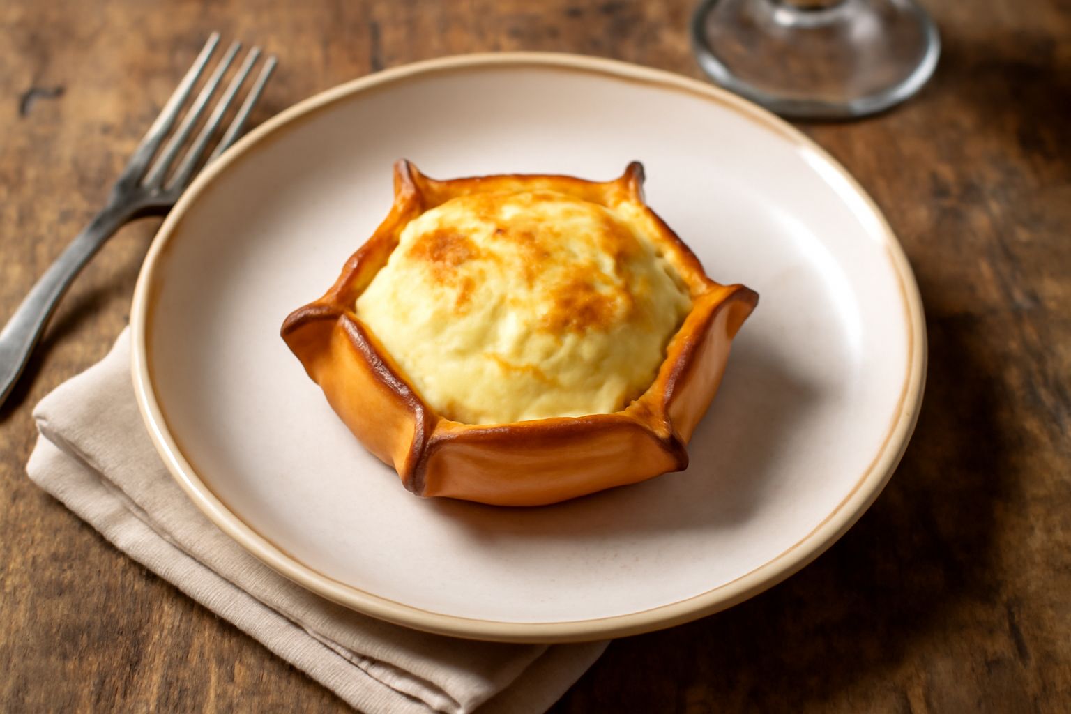 Pardule appena sfornate, dorate e lucide, disposte su un vassoio di legno. La pasta frolla mostra screpolature naturali, il ripieno di ricotta bianca è visibile dalla rottura superiore, con gocce di m