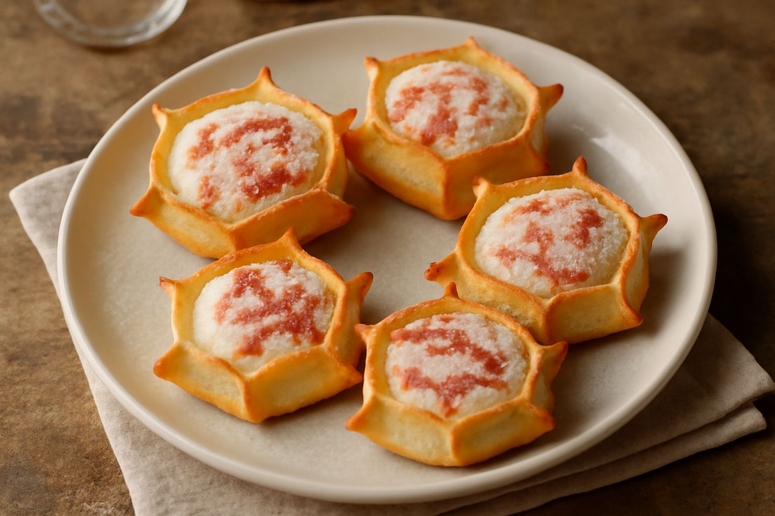 Quattro pardulas dorate e croccanti su un piatto bianco, con tracce di mela cotogna gialla e rossa nel ripieno visibile alla frattura, cosparse leggermente di zucchero semolato