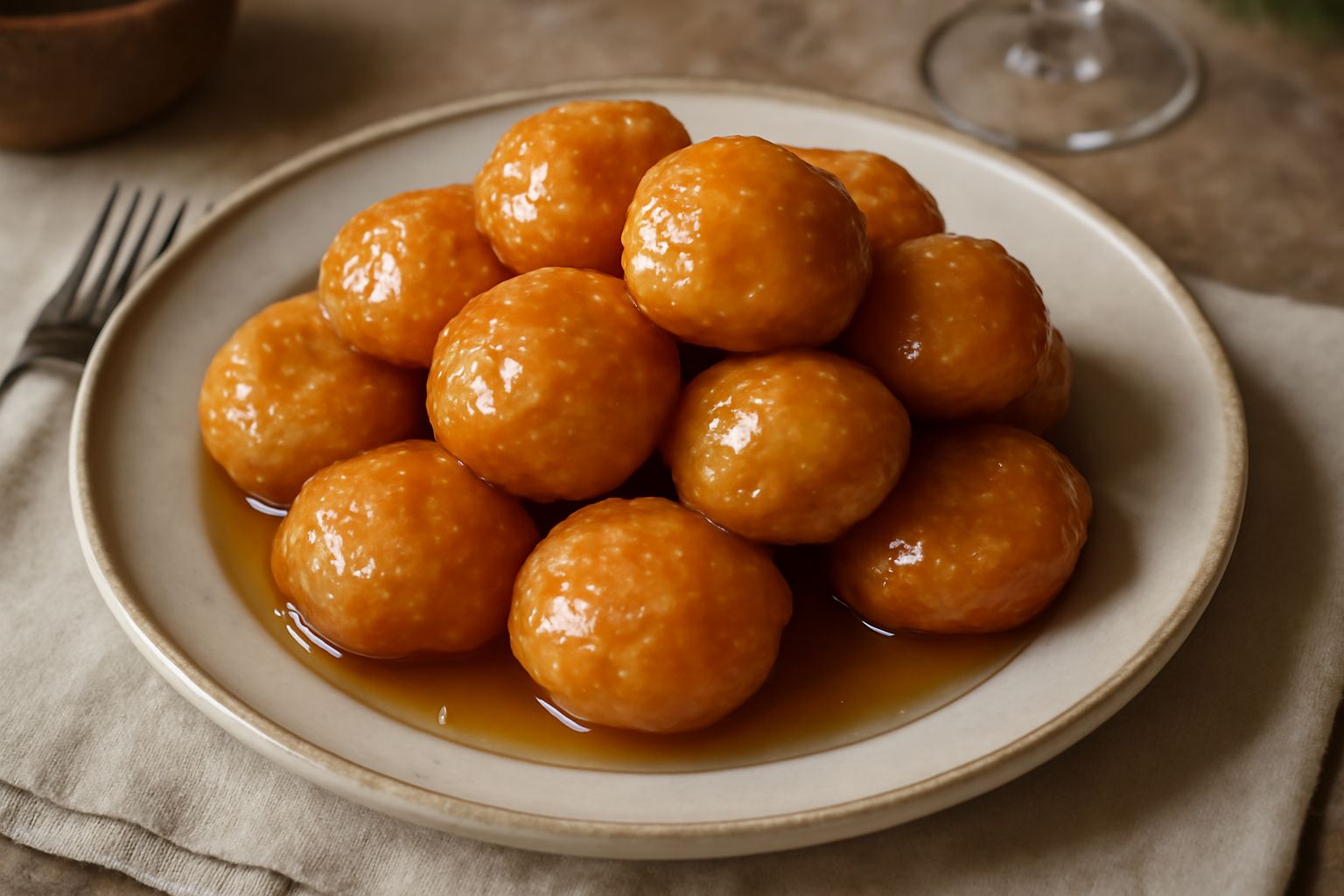 Pareglias dorate e croccanti su un piatto bianco, ricoperte di miele chiaro che gocciola lentamente, circondate da una ciotola di miele e rametti di rosmarino fresco