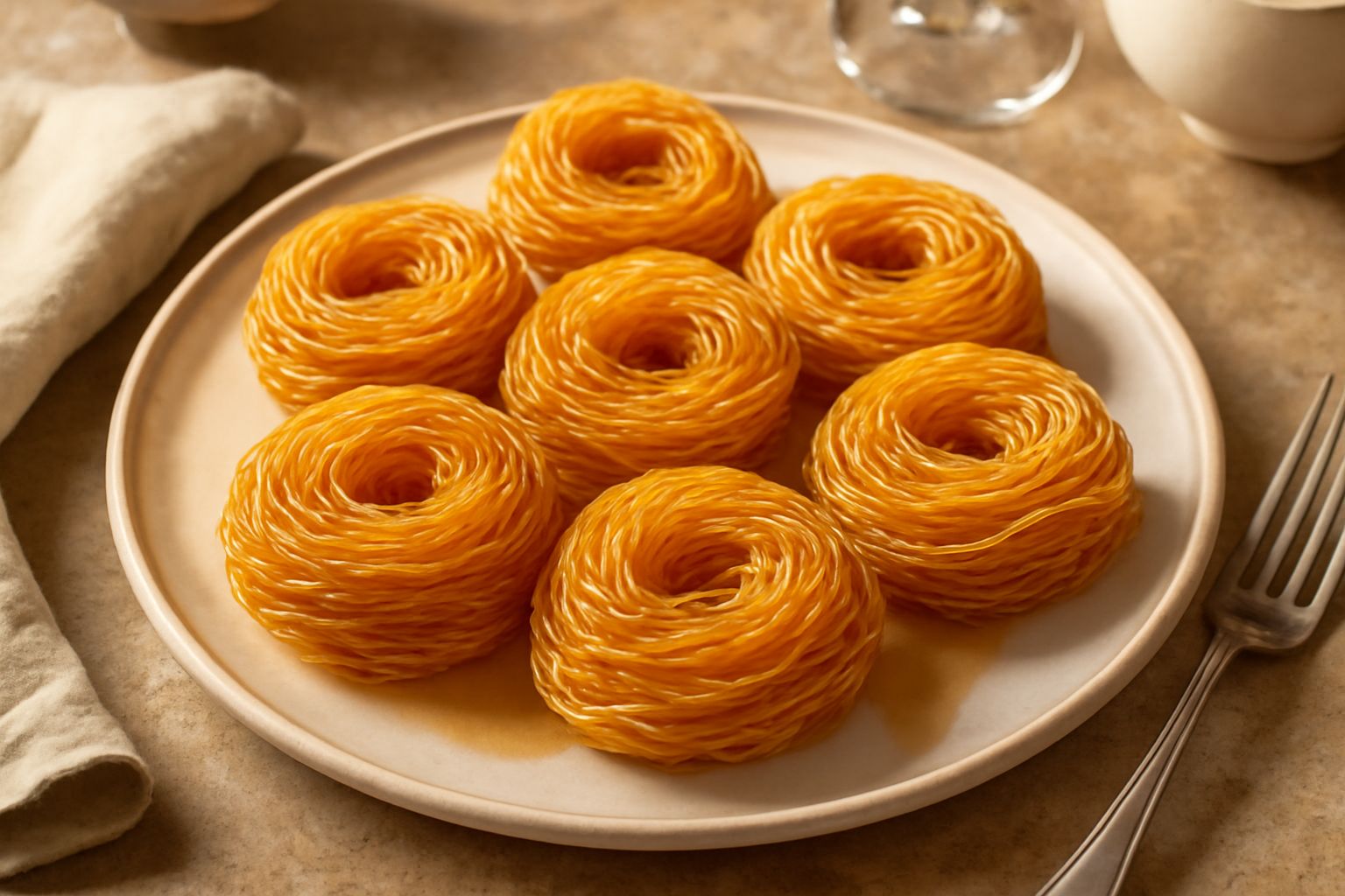 Parfiglias dorate e croccanti, fili di pasta fritta arrotolati a spirale in un piatto bianco, cosparse di miele o zucchero a velo, con una tazza di caffè sullo sfondo