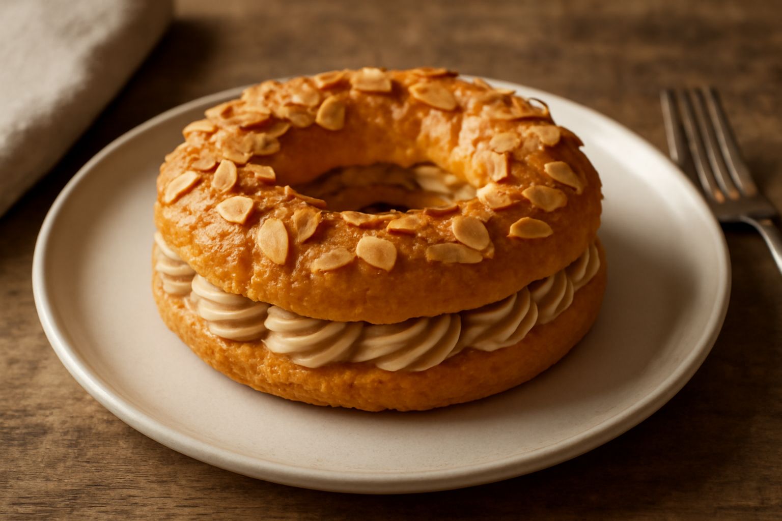 Dolce Paris Brest con corona di pasta bignè decorata con mandorle affettate, crema color nocciola visibile dentro, servito su piatto bianco con polvere di zucchero