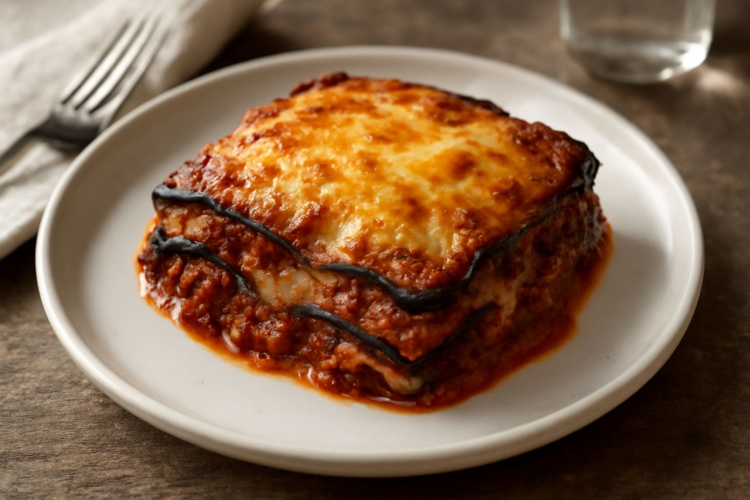 Parmigiana di carne in pirofila rettangolare, superficie dorata e gratinata con formaggio filante, spicchi di melanzane scure visibili tra gli strati, vapore caldo, porzione tagliata che mostra i live