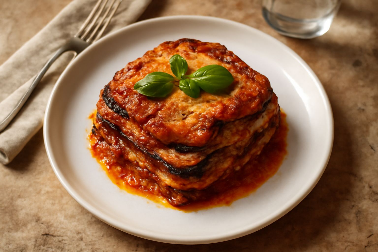 Parmigiana di melanzane dorata in pirofila di vetro con melanzane viola scuro a strati, ragù rosso, formaggio fuso e basilico fresco.
