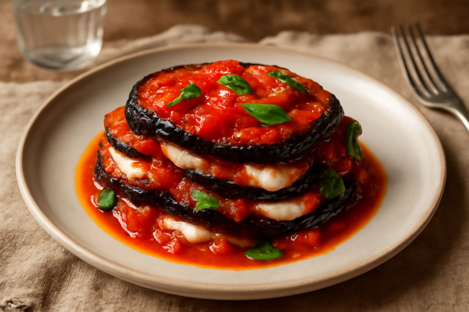Parmigiana fredda tagliata a fette in piatto bianco, melanzane scure stratificate alternate a mozzarella bianca filante, pomodoro rosso acceso in superficie, basilico verde fresco sparso sopra, salsa 