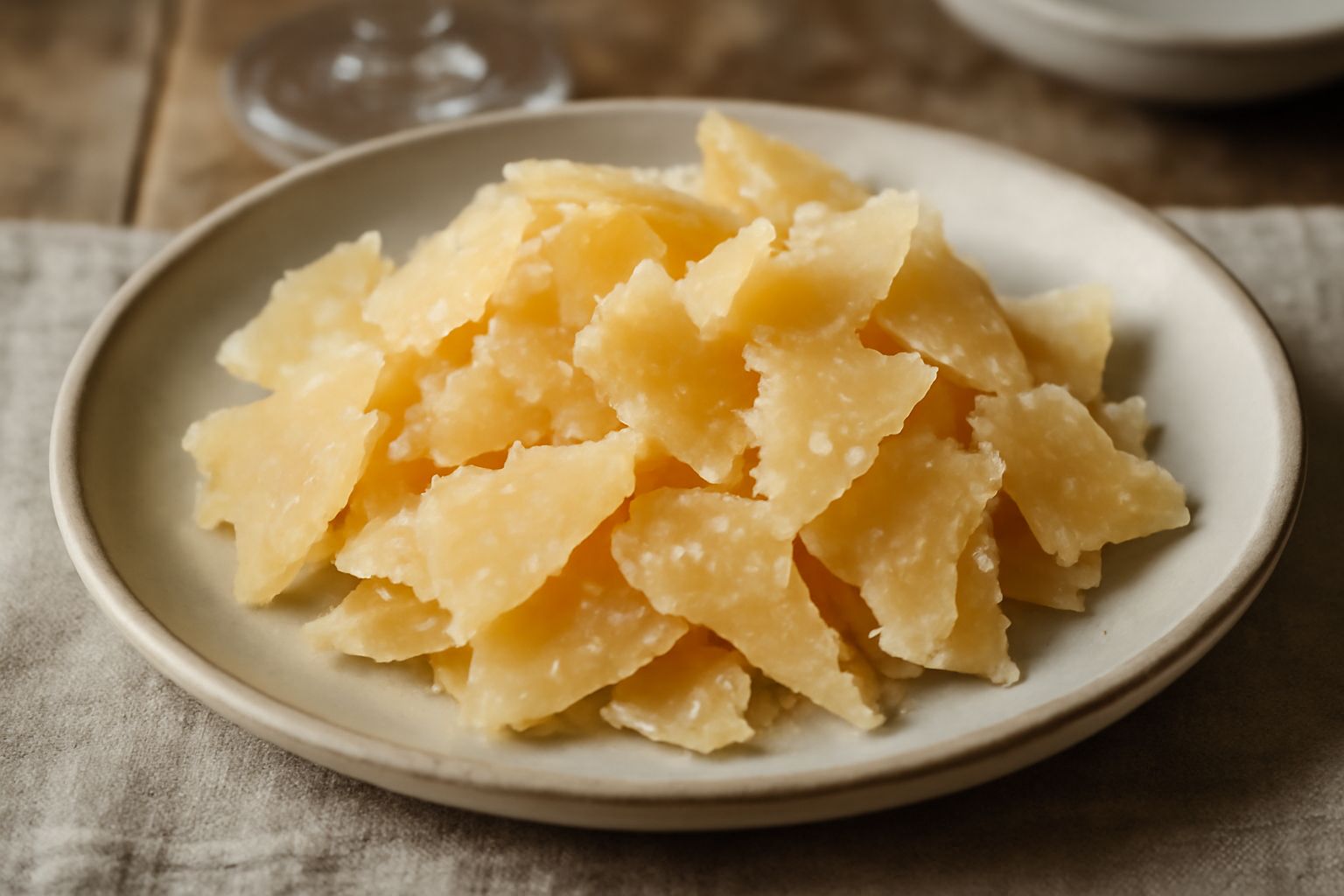 Parmigiano Reggiano affettato in scaglie irregolari color giallo paglierino su piatto bianco, con coltello da formaggio piegato sullo sfondo e una bottiglia di vino rosso sfocata