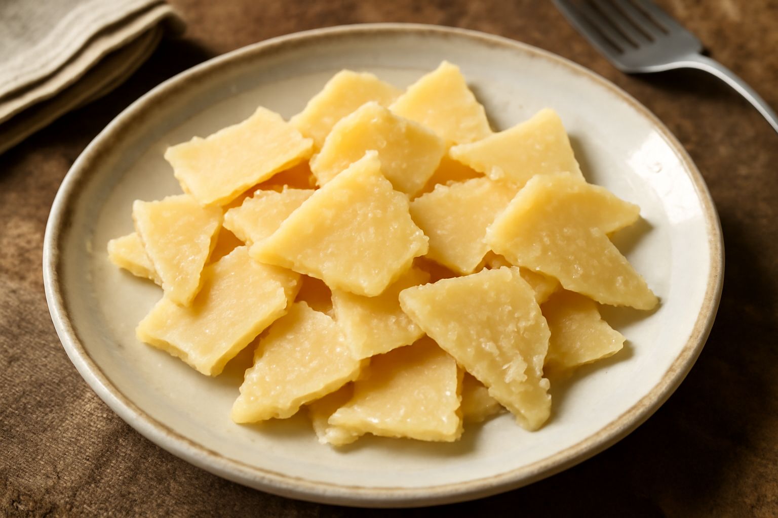 Scaglie dorate e frastagliate di Parmigiano Reggiano su un piatto bianco, sovrapposte in disordine, con i bordi cristallini che riflettono la luce