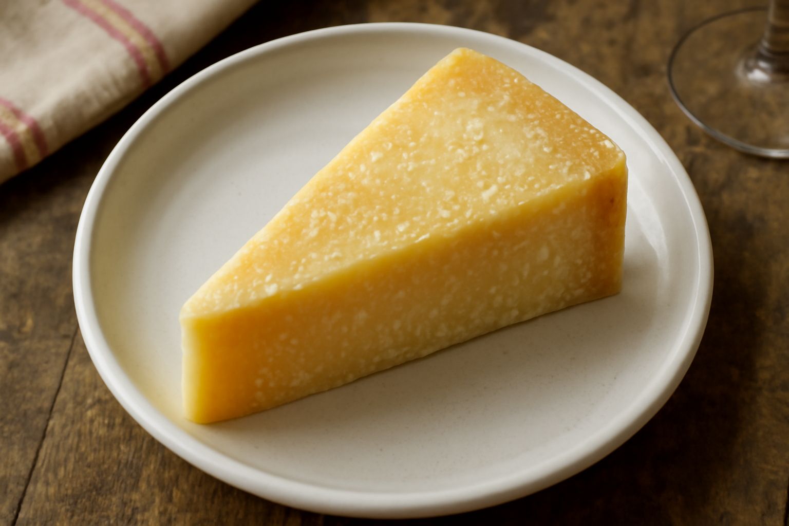 Fetta di Parmigiano Reggiano stagionato spezzata a mano su un piatto bianco, con cristalli bianchi visibili sulla superficie e colore giallo paglierino intenso