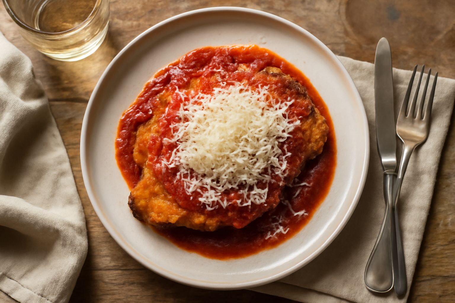 Parmigiano Reggiano grattugiato su un piatto di pasta, con una fetta di formaggio accanto e un pelapatate di legno su sfondo neutro