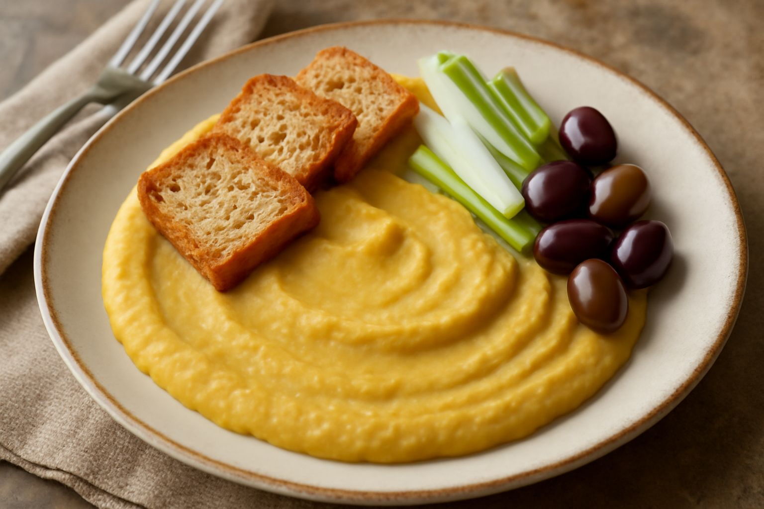Una ciotola di ceramica bianca contiene pasata di fave di colore giallo paglierino, con superficie liscia e cremosa, decorata da un filo di olio extravergine verde e pepe nero macinato, su un tavolo d