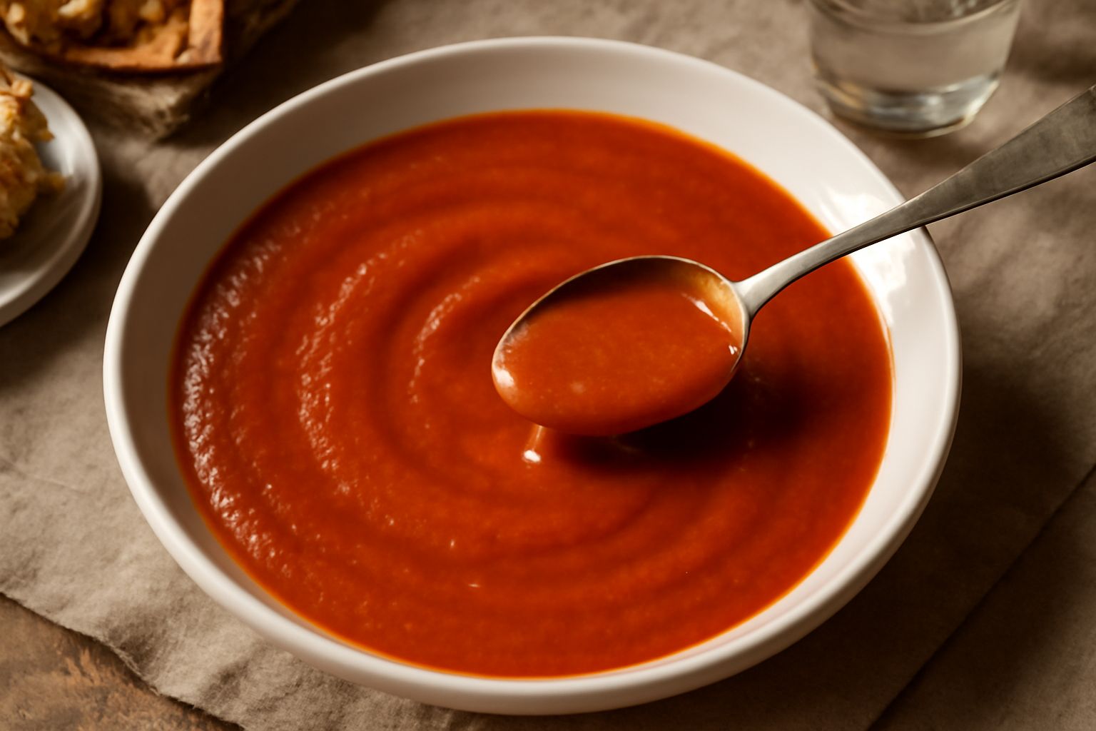 Un barattolo di vetro pieno di pasata di pomodoro rosso brillante, liscio e denso, con superficie liscia, accanto a pomodori rossi maturi e una foglia di basilico fresco su superficie bianca