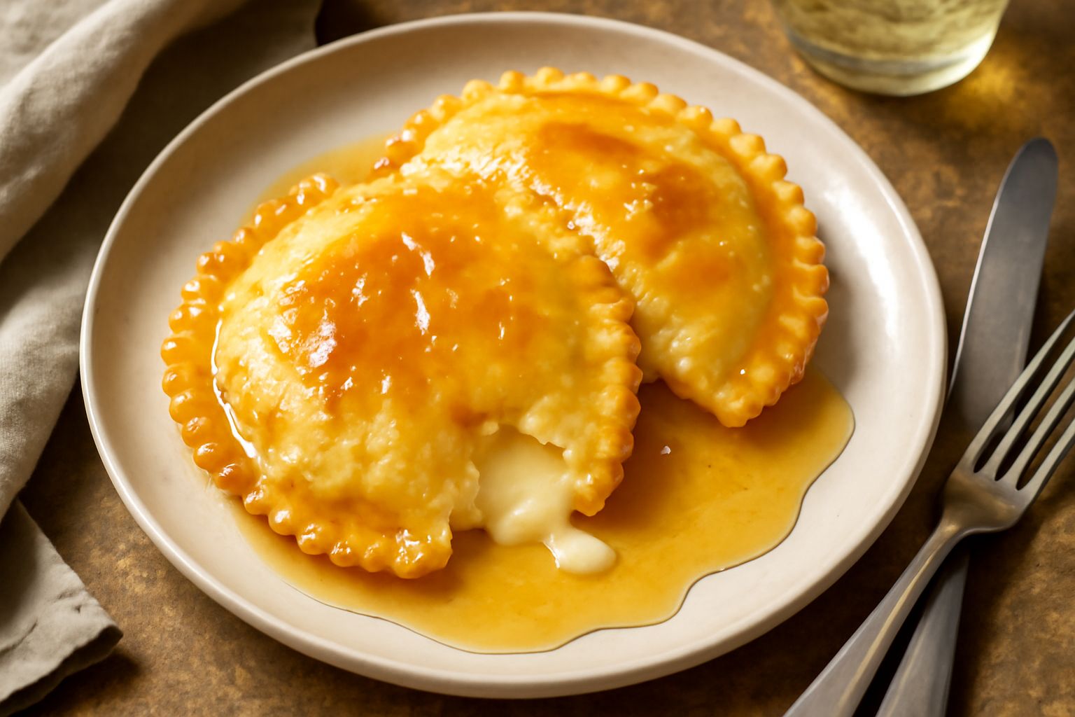 Seadas dorate e croccanti su piatto bianco, ricoperte di miele caldo che cola, guarnite con formaggio fresco visibile attraverso la sfoglia, vapore appena uscito dal forno