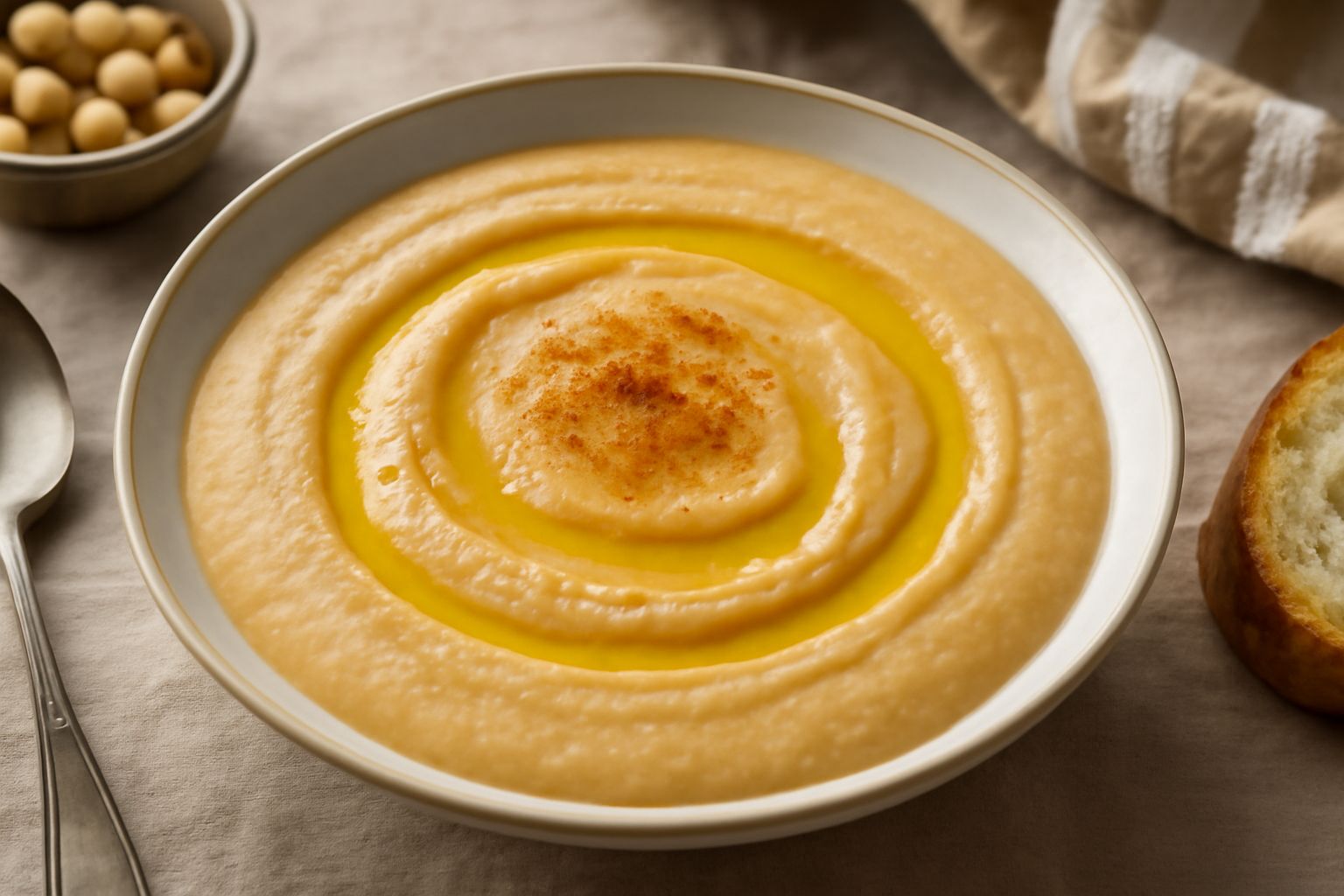 Una ciotola bianca con passata di ceci color beige-ocra, cremosa e omogenea, garnita con un filo di olio verde scuro e qualche foglia di prezzemolo fresco. Accanto, fette di pane tostato e spicchi di 