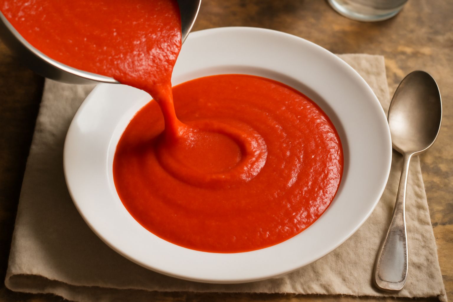 Ciotola in ceramica bianca contenente passata di pomodori rosso scuro e densa, con un cucchiaio di legno immerso leggermente nella salsa, su sfondo bianco.